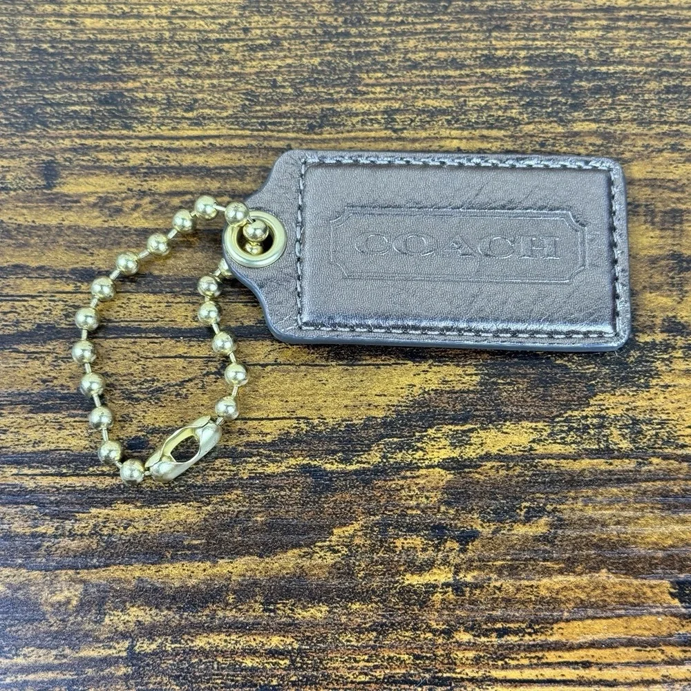 Coach Metallic Bronze Leather Hangtag‎ Keychain Gold Ball Chain Bag Charm